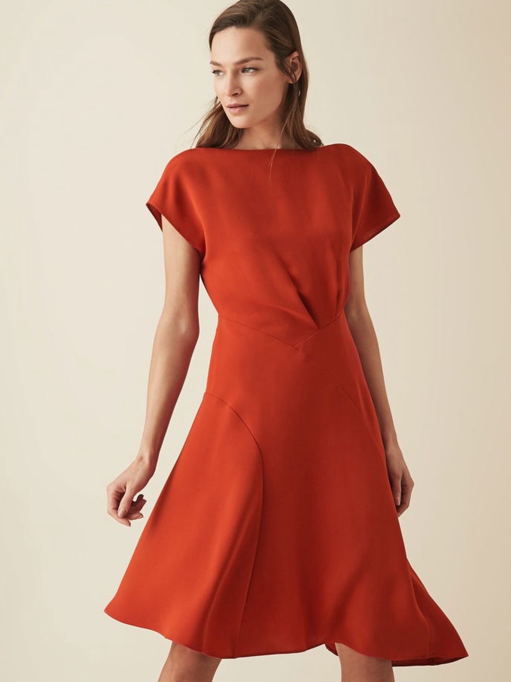 Reiss Victoria Capped Sleeve Asymmetrical Red Midi Cocktail Dress Size 4